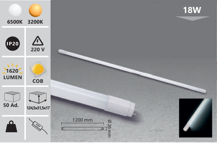 Tub LED 6500 k alb 120 cm 18W