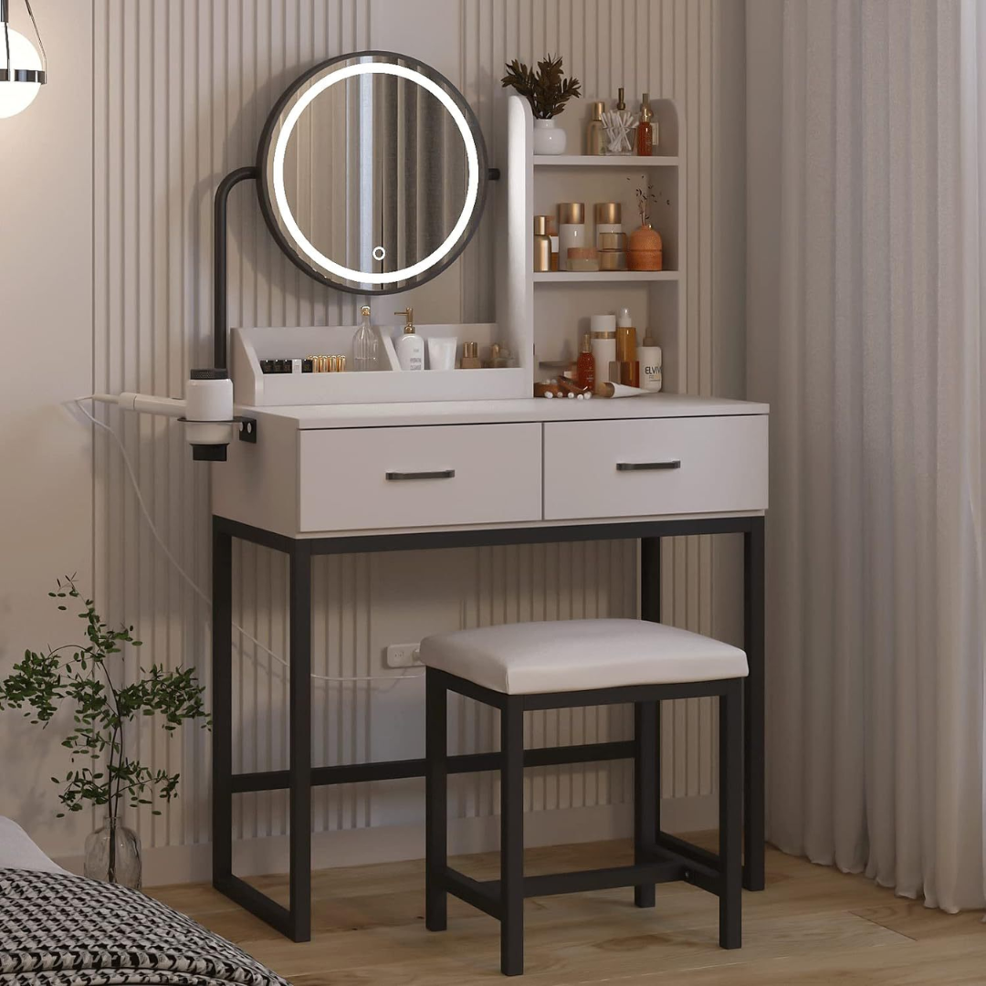 Masă de toaletă albă elegantă cu oglindă LED, sertare și tabu