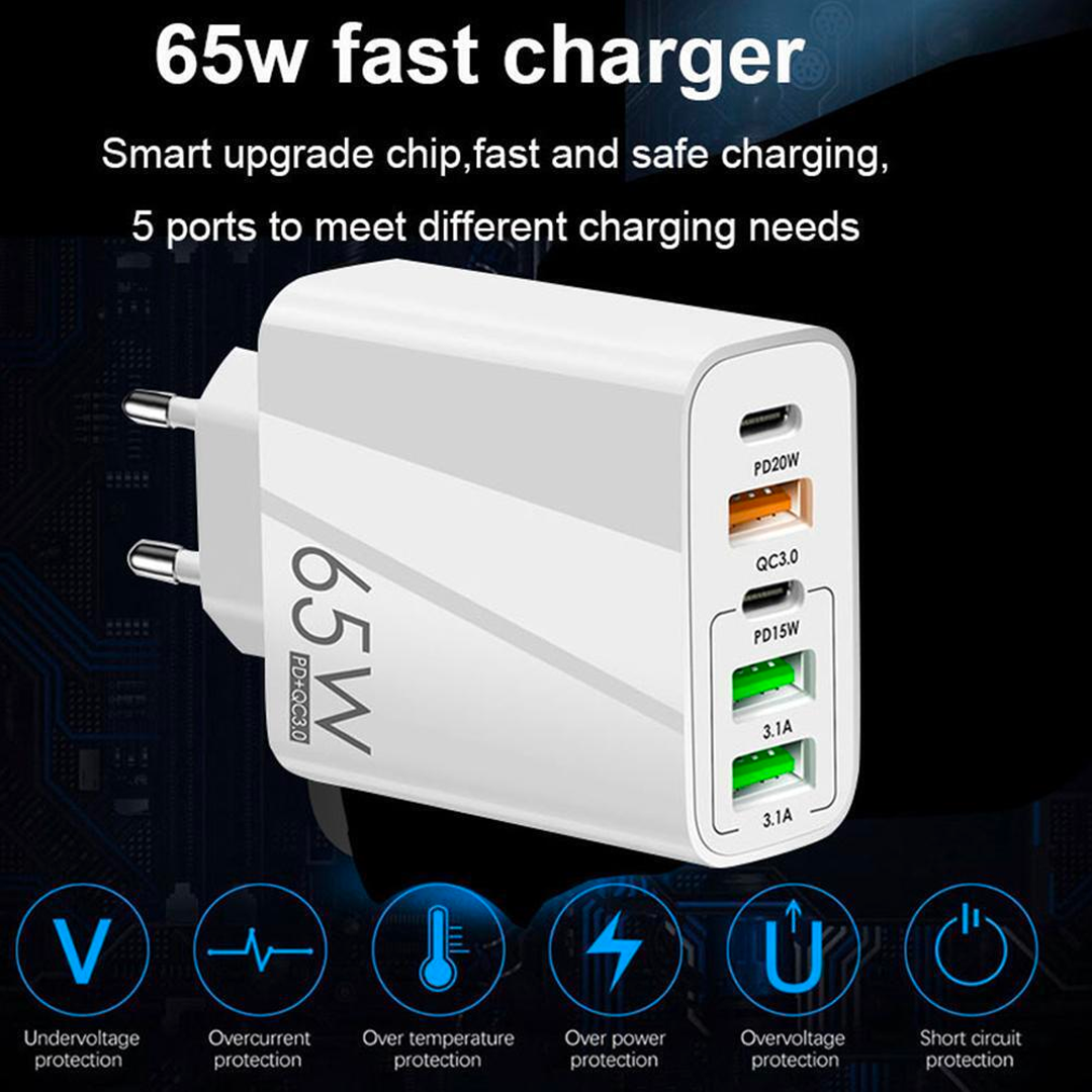 Adaptor de încărcare rapidă de 65 W cu mai multe porturi - Universal și practic!