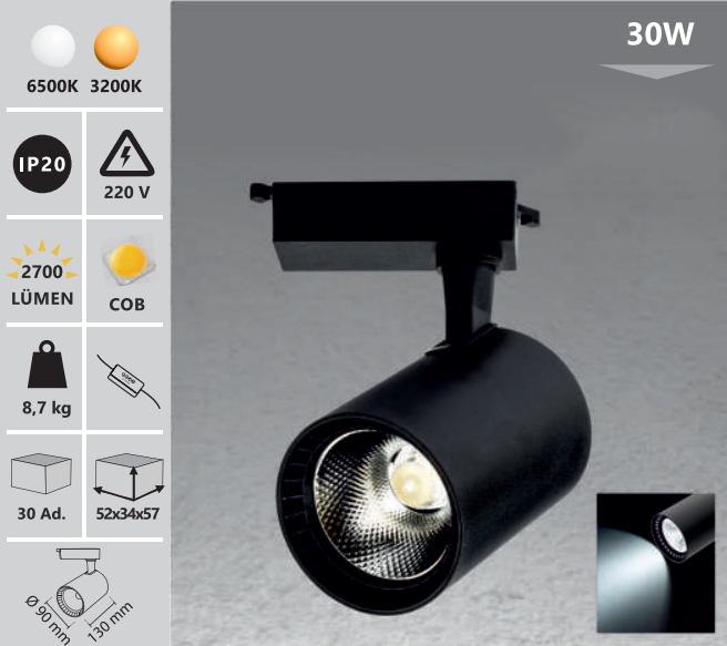 Lumina pe sina 30W alb/negru