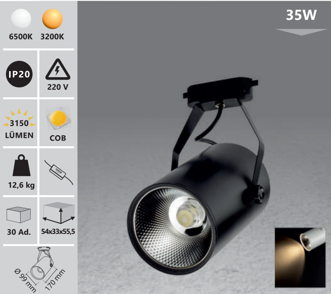 Lumina pe sina 35W alb/negru